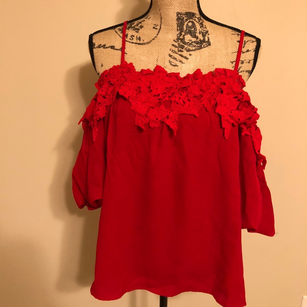 RED off the shoulder top with crotchet detail